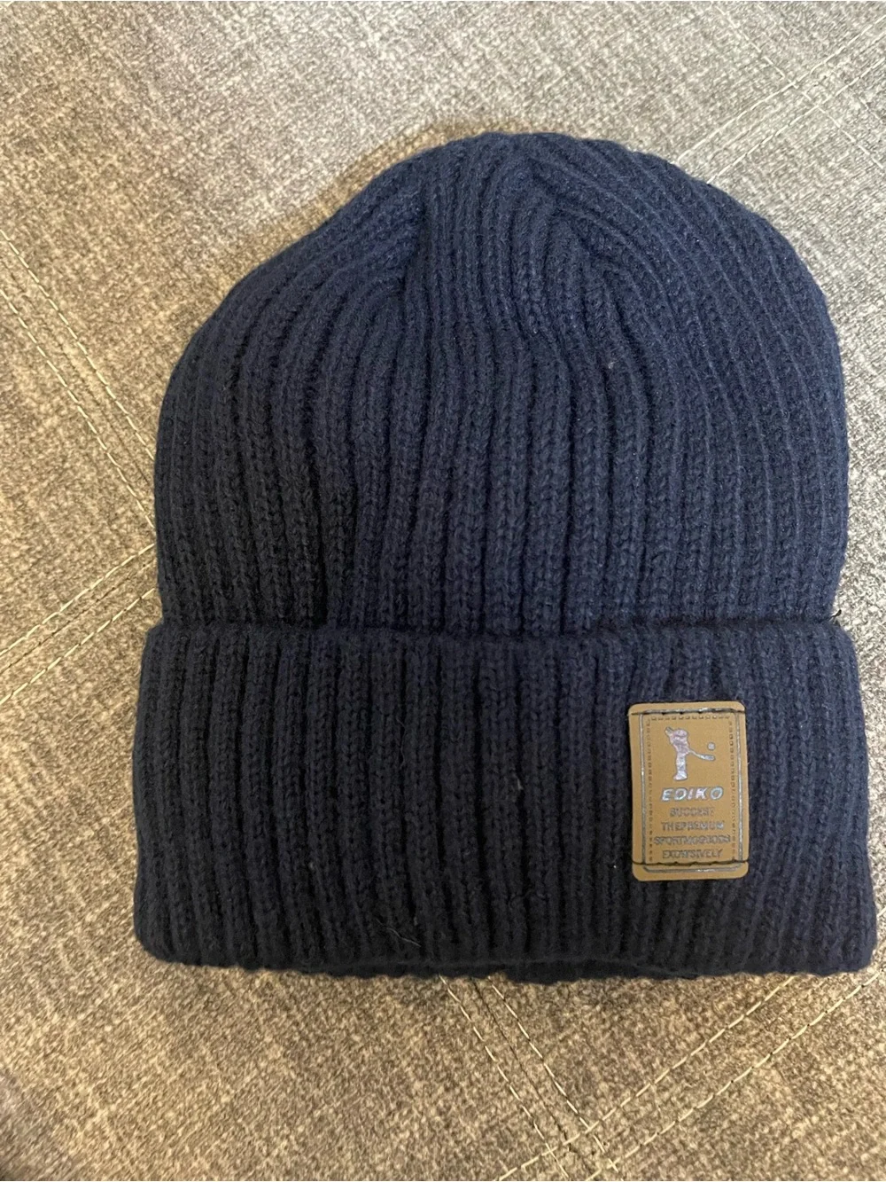 Men's Navy Ribbed Cuffed Beanie with Leather Patch